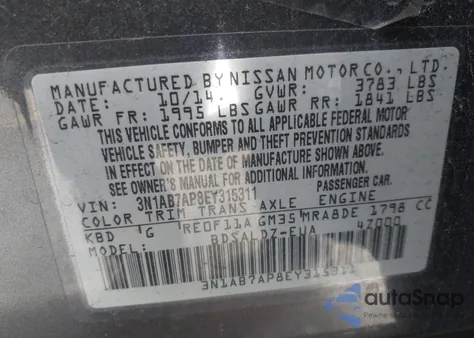 2014 Nissan Sentra Sv z USA, uszkodzony, nr VIN 3N1AB7AP8EY315311